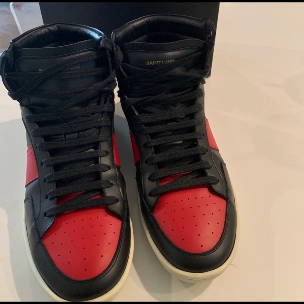 RED & BLACK SAINT LAURENT HIGH TOPS